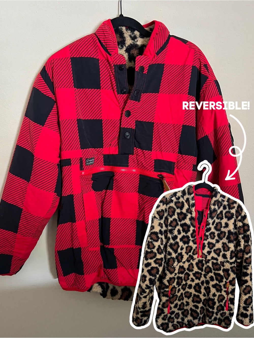 Simply Southern Reversible Women’s Jacket - Red & Black Buffalo Plaid / Leopard